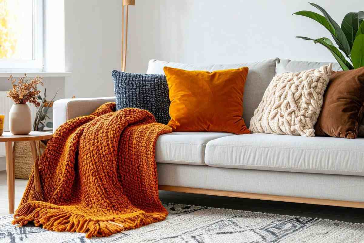 Divano con cuscini ricamati e coperta