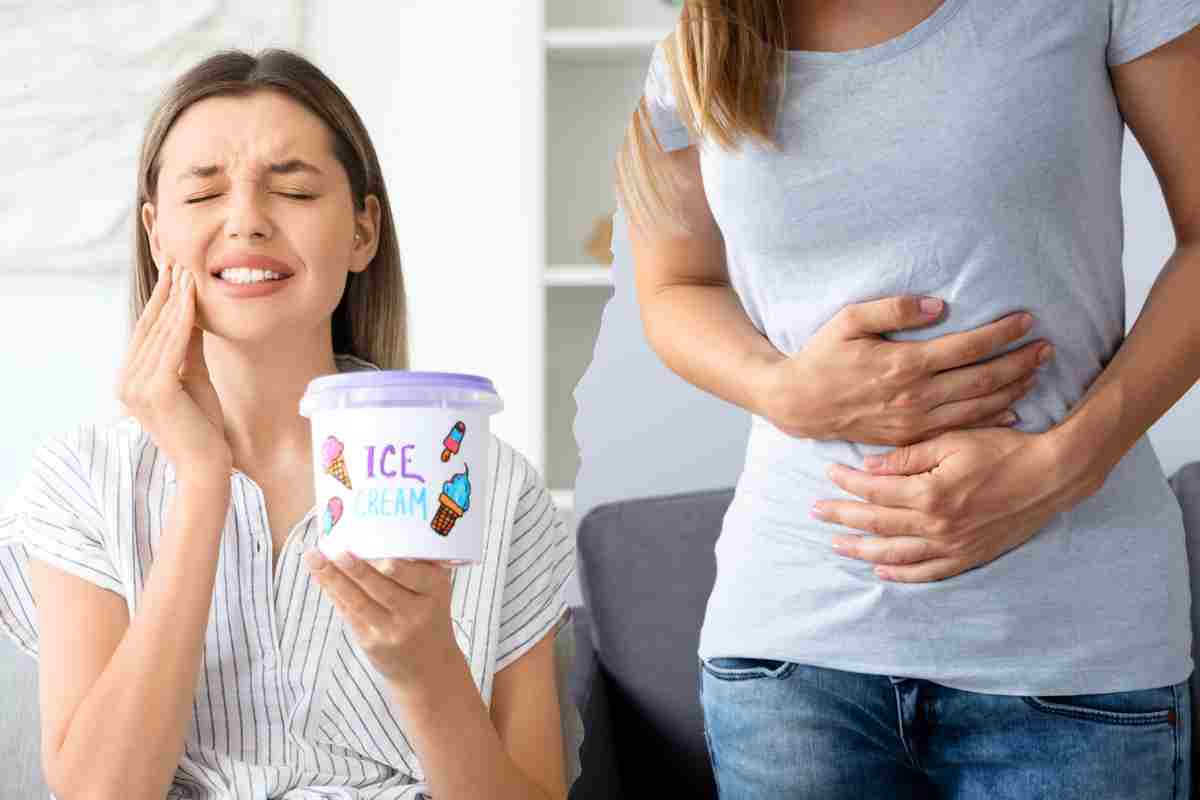persona con vaschetta di gelato e poi si tiene le mani sullo stomaco