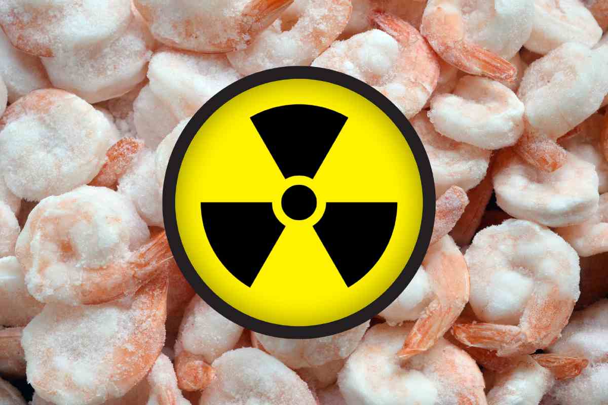 gamberetti surgelati e simbolo radioattività