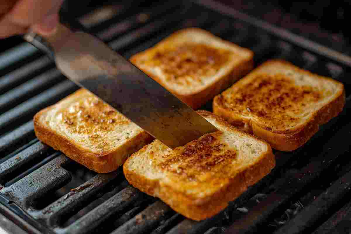 Una mano taglia toast sulla griglia