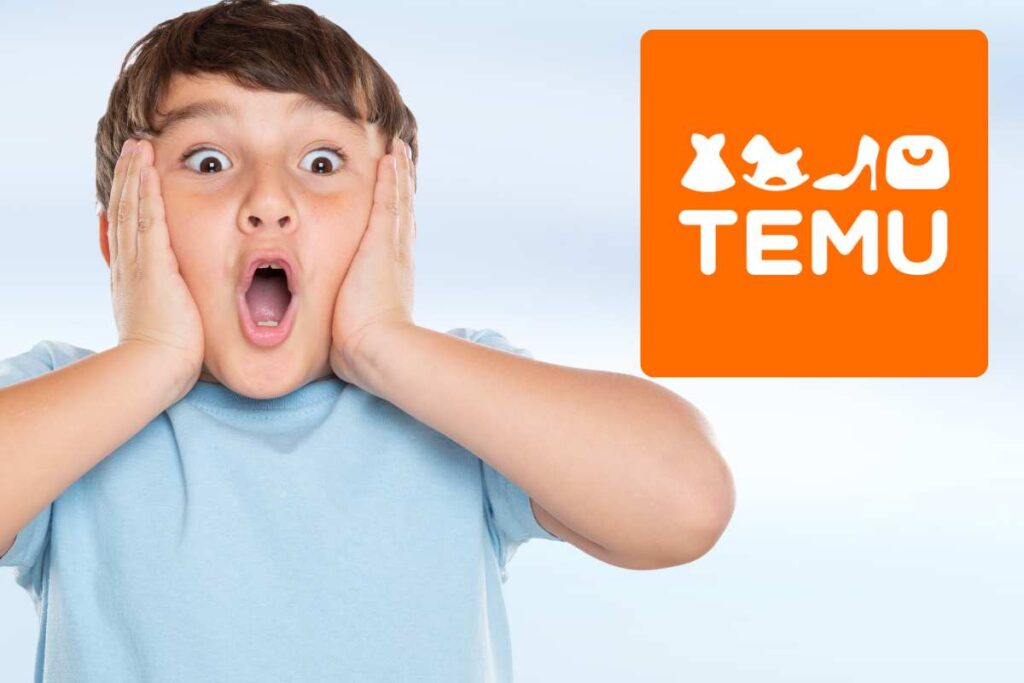 bambino con faccia sorpresa e logo temu