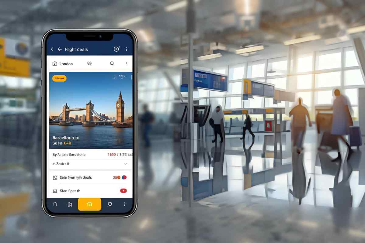 un aeroporto con passeggeri stilizzati e un cellulare aperto su una pagina di offerte di voli aerei