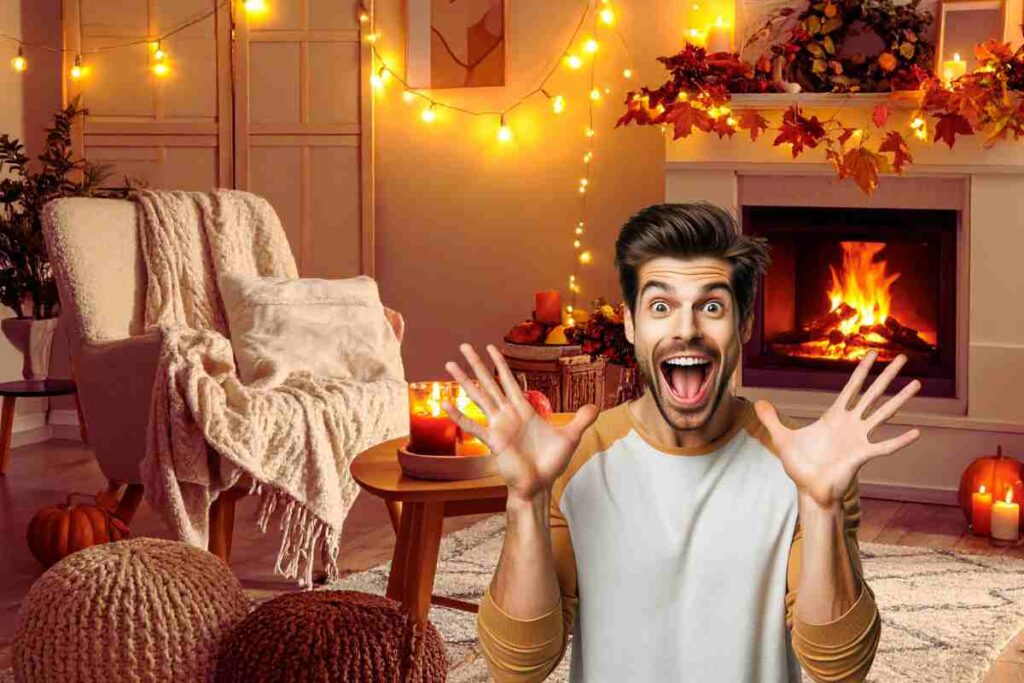 salotto autunnale camino acceso uomo stupito