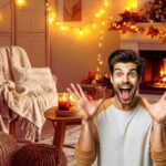 salotto autunnale camino acceso uomo stupito