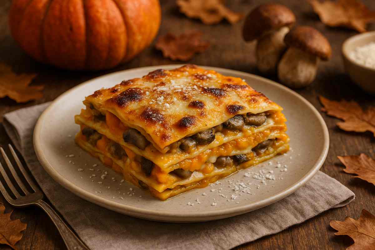 fetta di lasagne porcini e zucca